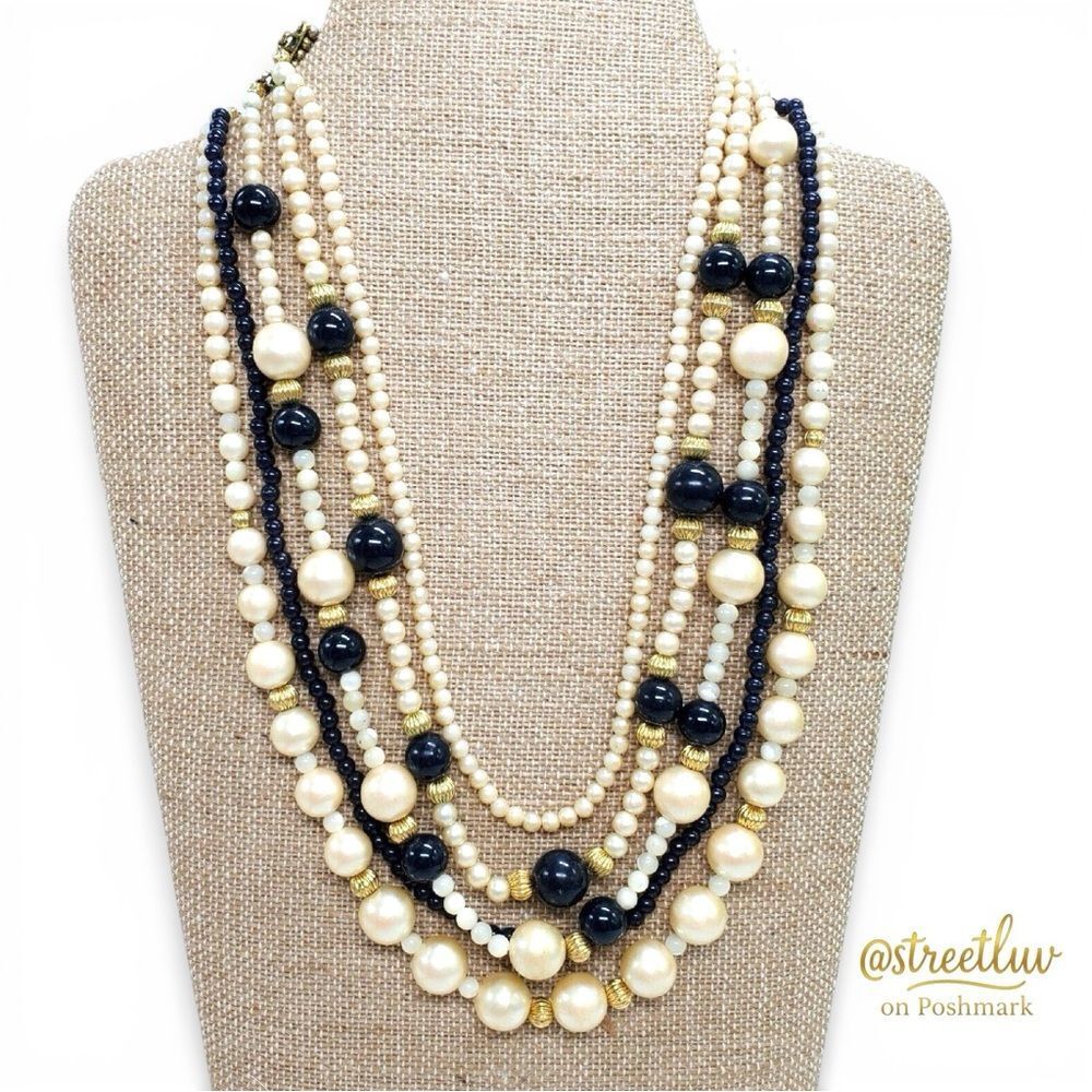 Liz Claiborne Multi Strand Pearl Bead Necklace Navy Cream Vintage